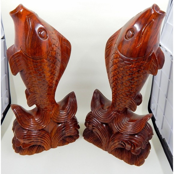 Wooden Fish Koi Carp Jumping Out of Water Bookends Sculpture Figurine 11" Pair - Picture 3 of 10